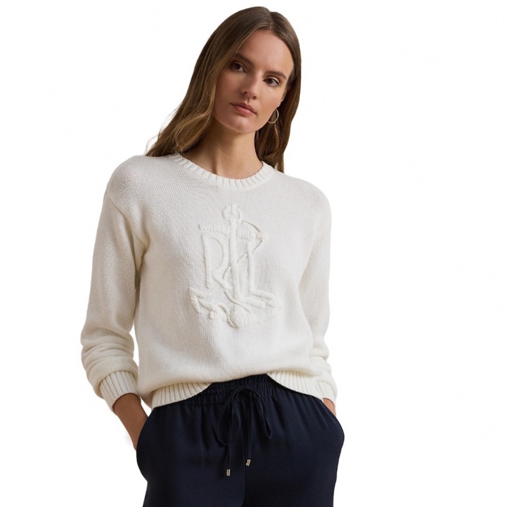 Lauren Ralph Lauren Cream Crewneck Sweater with Embossed Logo